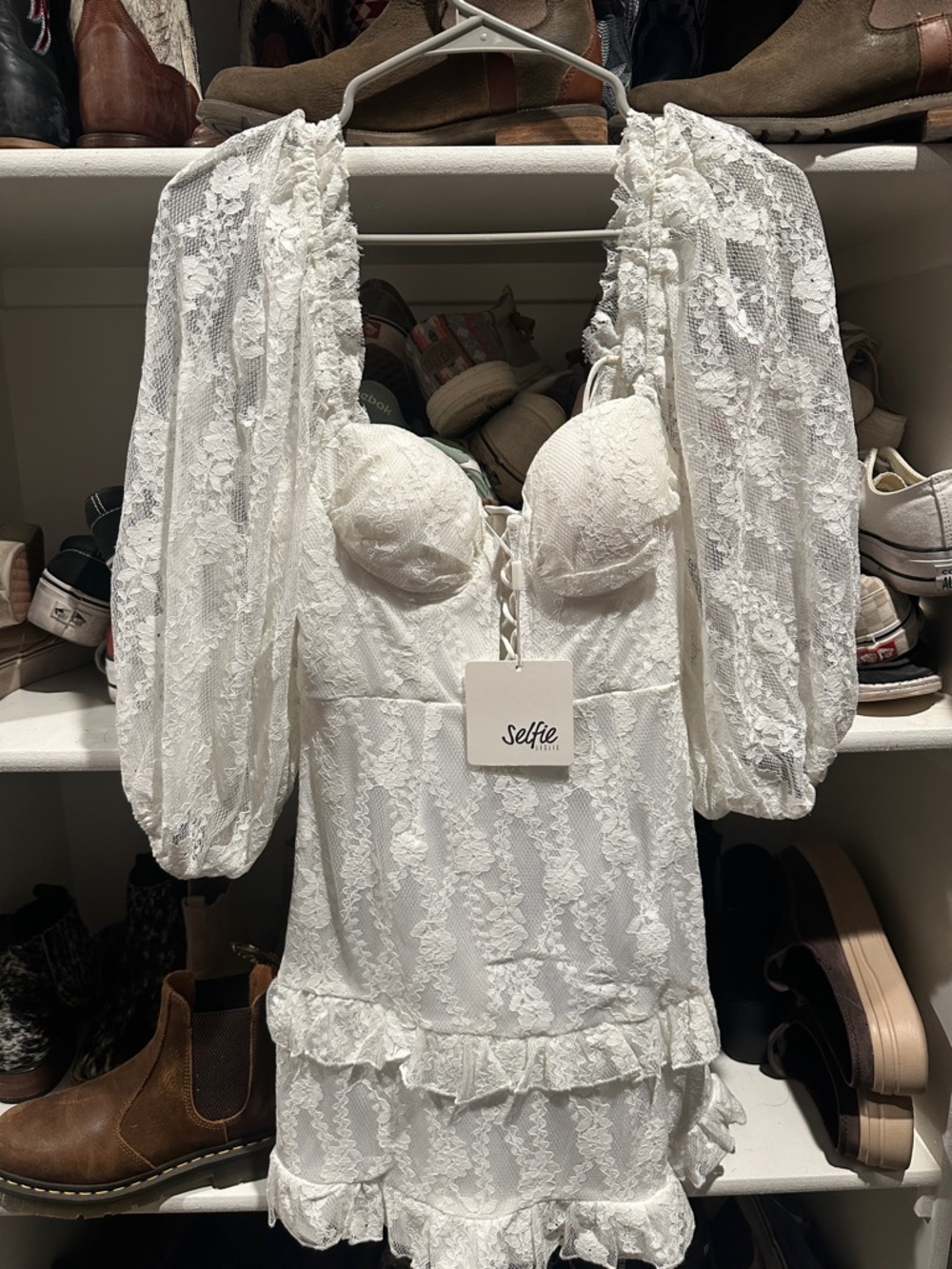 Selfie Leslie White Lace Mini Dress with Puff Sleeves